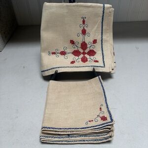 Vintage Card Table Bridge Tablecloth With 4 Matching Napkins 30" x 30" Tan Red